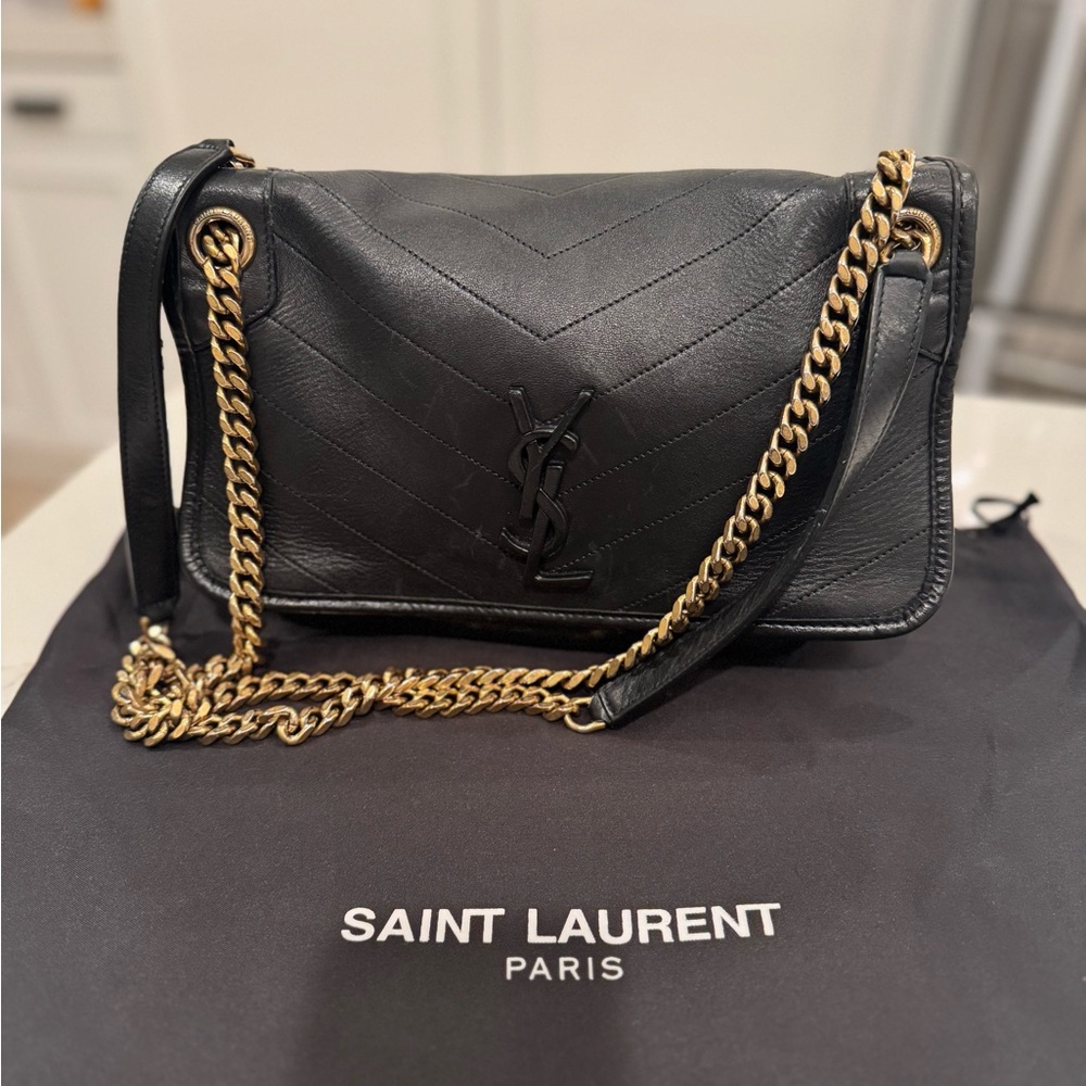 Saint Laurent Medium Nikki Black Leather Shoulder Bag with Yellow Gold Chain - Picture 1 of 16